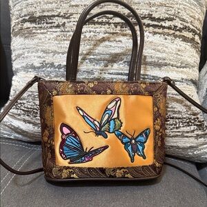 Butterfly Embroidered Satchel Handbag - Brown & Gold